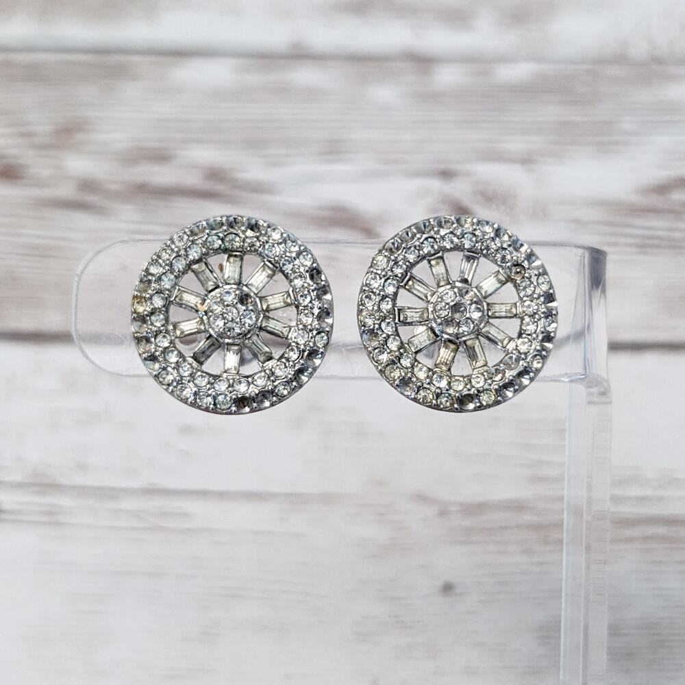 Vintage Screw On Earrings Silver Tone Wheel with Clear Gems - Missing Gems